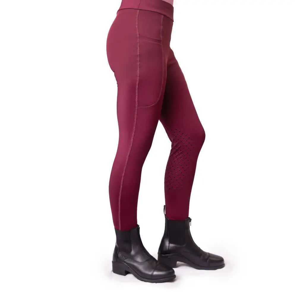 Maroon gallop children’s silicone knee riding tights with high waist and perforated ventilation panels for comfort