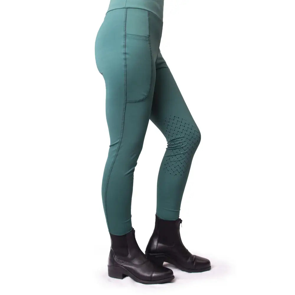 Teal gallop children’s silicone knee riding tights with perforated knee panels and high-waisted design