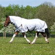 White horse fly sheet with black straps and reinforced stitching for equine protection gallop essential combo fly