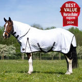 White horse combo fly rug with black trim and adjustable straps for equine protection from gallop essential combo fly rug