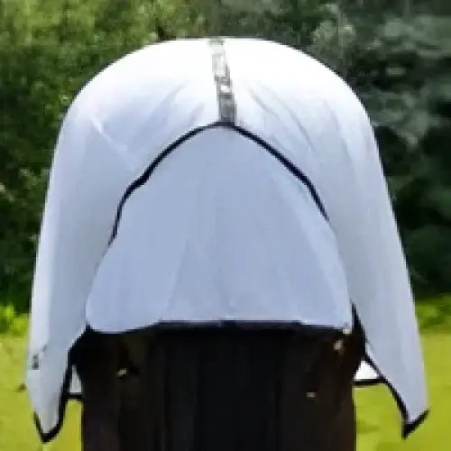 White lace horse blanket with black trim showing the back side of the gallop essential combo fly rug