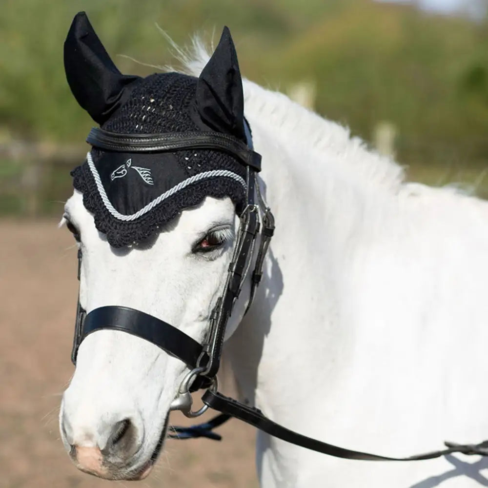 Black crocheted gallop classic fly hood with embroidered white logo and braided trim fly veil black
