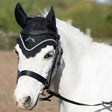 Black crocheted gallop classic fly veil with white embroidered logo and braided trim fly veil black style