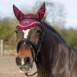Maroon crocheted gallop classic fly veil burgundy horse hood with scalloped edge and embroidered logo