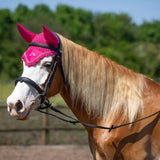 Vibrant pink crocheted gallop classic fly veil with lace trim and embroidered logo perfect for horses