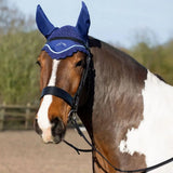 Navy blue lace gallop classic fly veil with scalloped edge and embroidered logo for fly veil navy protection