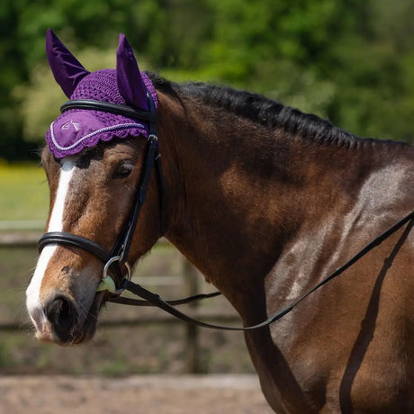 Purple knitted gallop classic fly ear cover with black elastic straps and small embroidered logo fly veil purple
