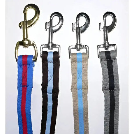 Four gallop cushioned comfort leadropes with metal clasps and colorful striped fabric straps for comfy dog walks