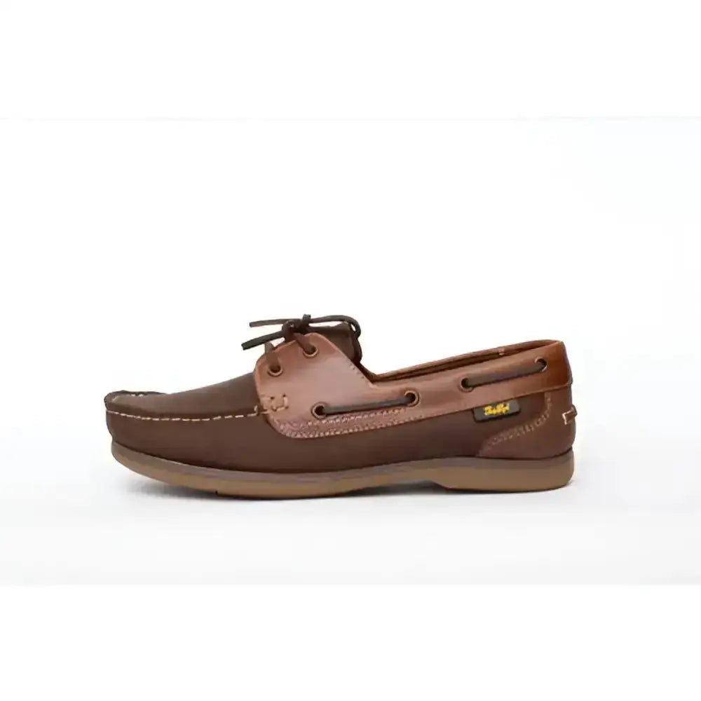 Brown leather gallop deck shoe with dark brown laces and tan rubber sole classic leather deck style