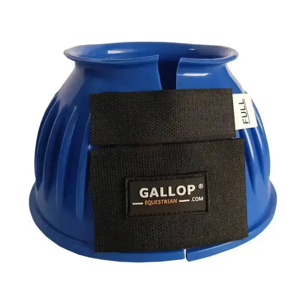 Blue plastic horse hoof boot with black velcro straps and gallop logo patch in gallop double taped pvc ribbed design