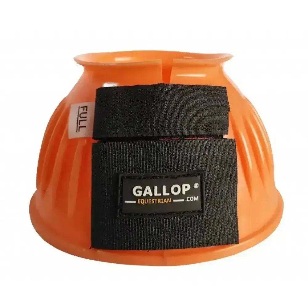 Bright orange gallop double taped pvc ribbed horse hoof boot with black velcro straps and gallop equestrian label