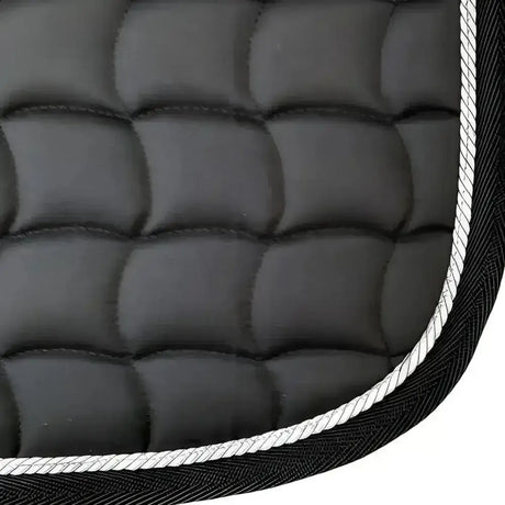 Black quilted dressage saddle pad with white rope trim for gallop dressage saddle and anti-rub girth pad use