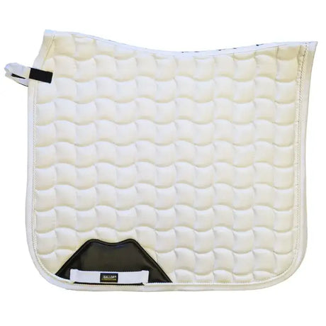 Cream-colored quilted dressage saddle pad white with black panel white trim and gallop brand label for riding