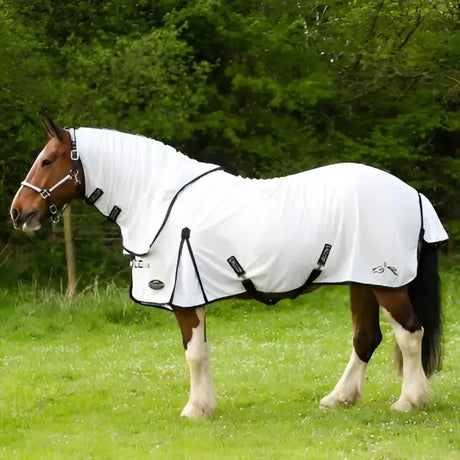 White gallop dual fly rug with black trim adjustable straps and breathable denier fabric for horse comfort