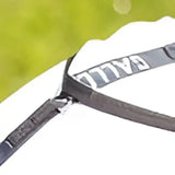 Black leather strap with white embossed galli branding on the gallop dual fly rug with breathable denier fabric