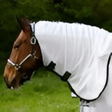 White mesh horse fly veil with black trim and adjustable straps part of gallop dual fly rug with breathable denier
