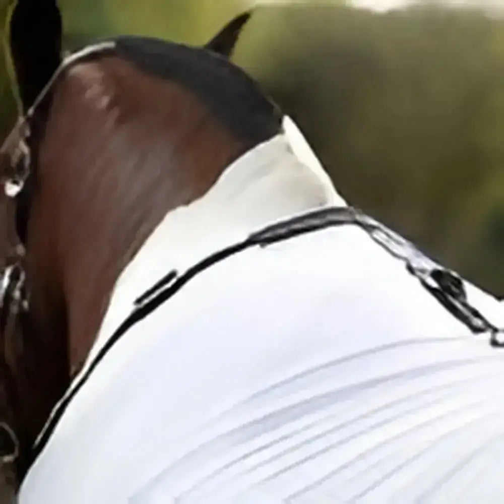 White ribbed gallop dual fly rug with black trim featuring denier allowing breathability for horse comfort