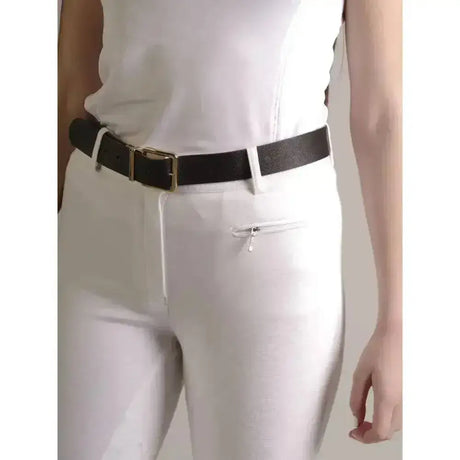Black textured belt with gold buckle paired with gallop silicone seat breeches featuring elasticated ankle cuffs