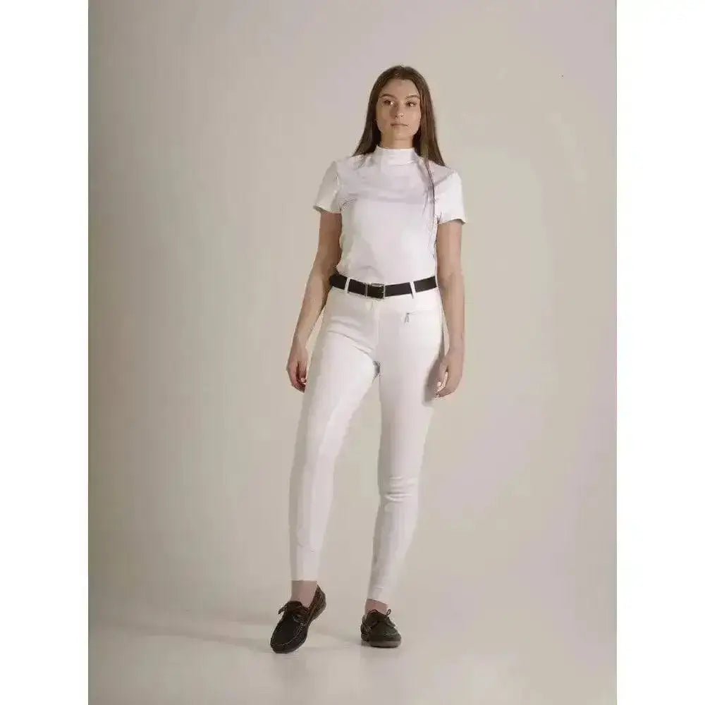 White gallop full silicone seat breeches with sleek fit elasticated ankle cuffs and subtle stitching details