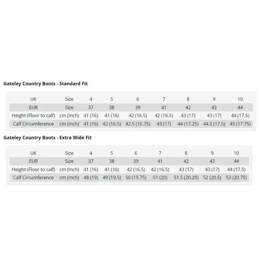 Size chart showing uk and eur measurements for standard and extra wide fits of gallop gateley country boot