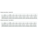 Size chart showing uk and eur measurements for standard and extra wide fits of gallop gateley country boot