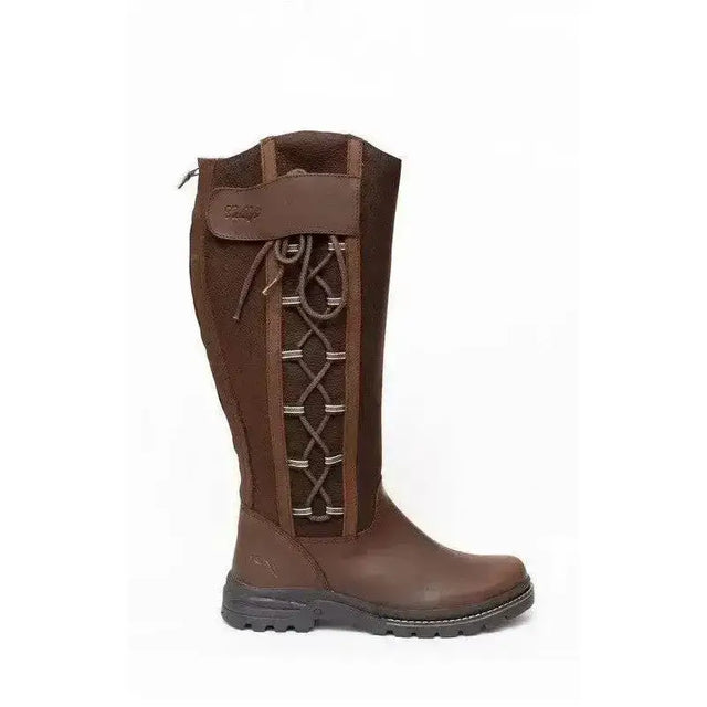 Brown leather gallop gateley country boot with laced side panel and reinforced toe for riding use