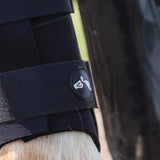 Black gallop gp brushing boots with hoof protector and white winged horse logo for equestrian use