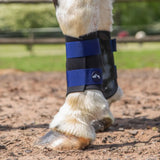 Blue and black gallop gp brushing boots with adjustable straps and small logo button for equestrian use