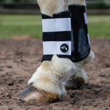 Front view of gallop gp brushing boots with black and white stripes and glossy protective panel for equestrian use