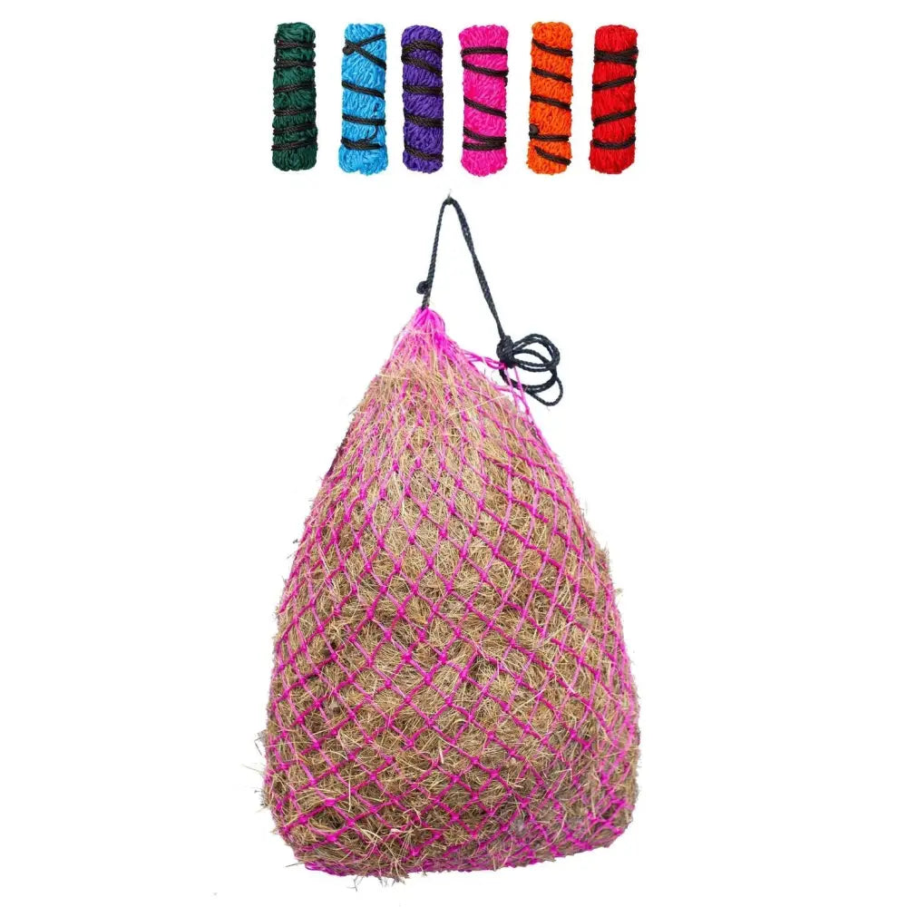 Pink gallop haylage net with black drawstring handle made from thicker nylon rope for medium haylage use