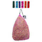 Pink gallop haylage net with black drawstring handle made from thicker nylon rope for medium haylage use