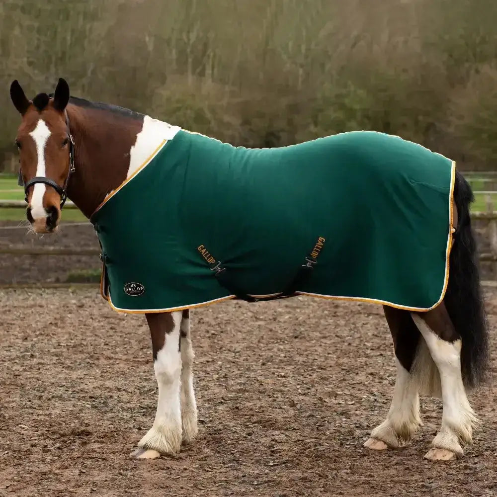 Green gallop jersey cooler rug with gold trim and embroidered branding made from breathable fabric