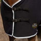 Black gallop jersey cooler rug with white trim and silver buckles perfect as a jersey cooler rug or cooler rug green alternative