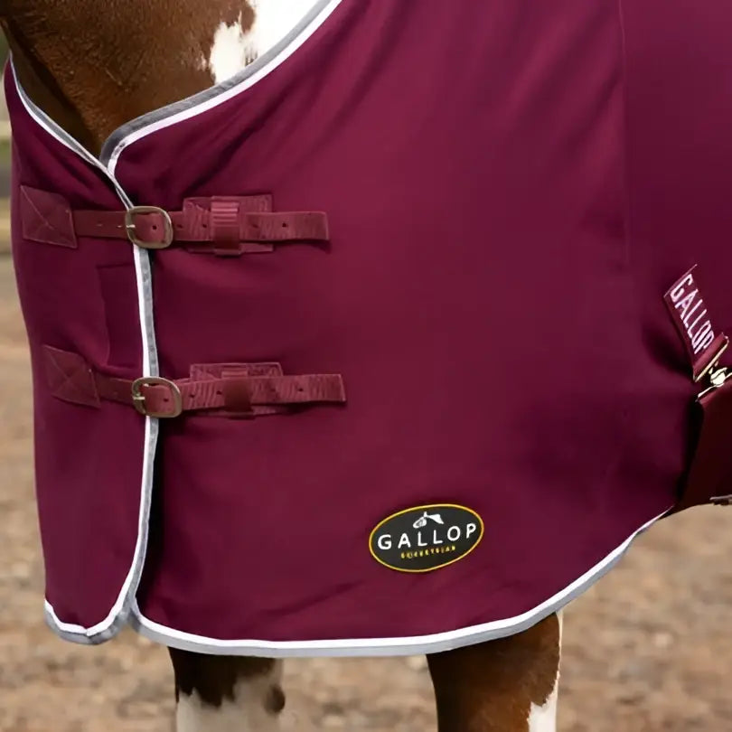 Maroon gallop jersey cooler rug with white trim and silver buckles perfect as a jersey cooler rug or cooler rug green alternative