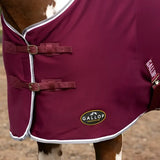 Maroon gallop jersey cooler rug with white trim and silver buckles perfect as a jersey cooler rug or cooler rug green alternative
