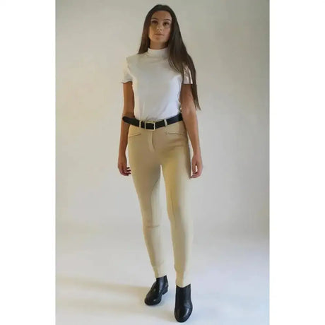 Beige gallop ladies classic plain jodhpurs with sleek form-fitting design and subtle stitching details