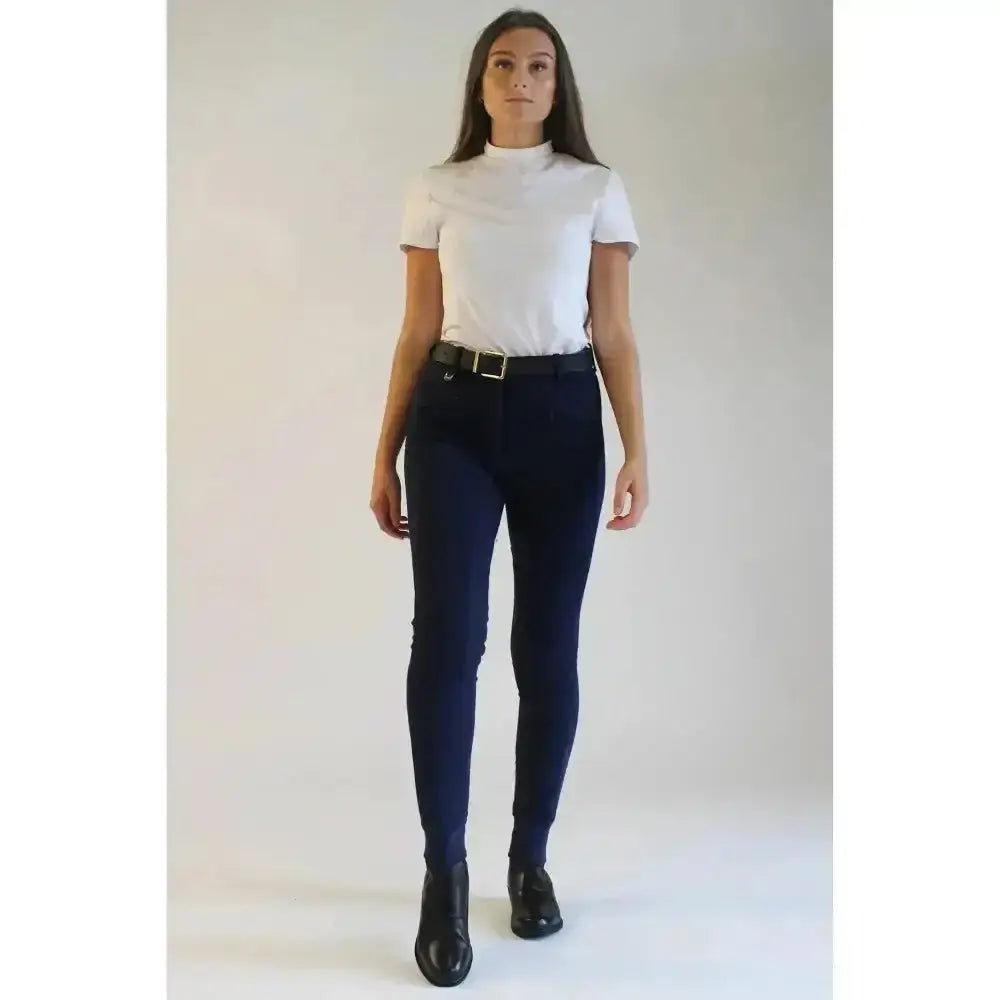 Navy blue gallop ladies classic high-waisted riding pants with black belt and silver buckle classic plain jodhpurs