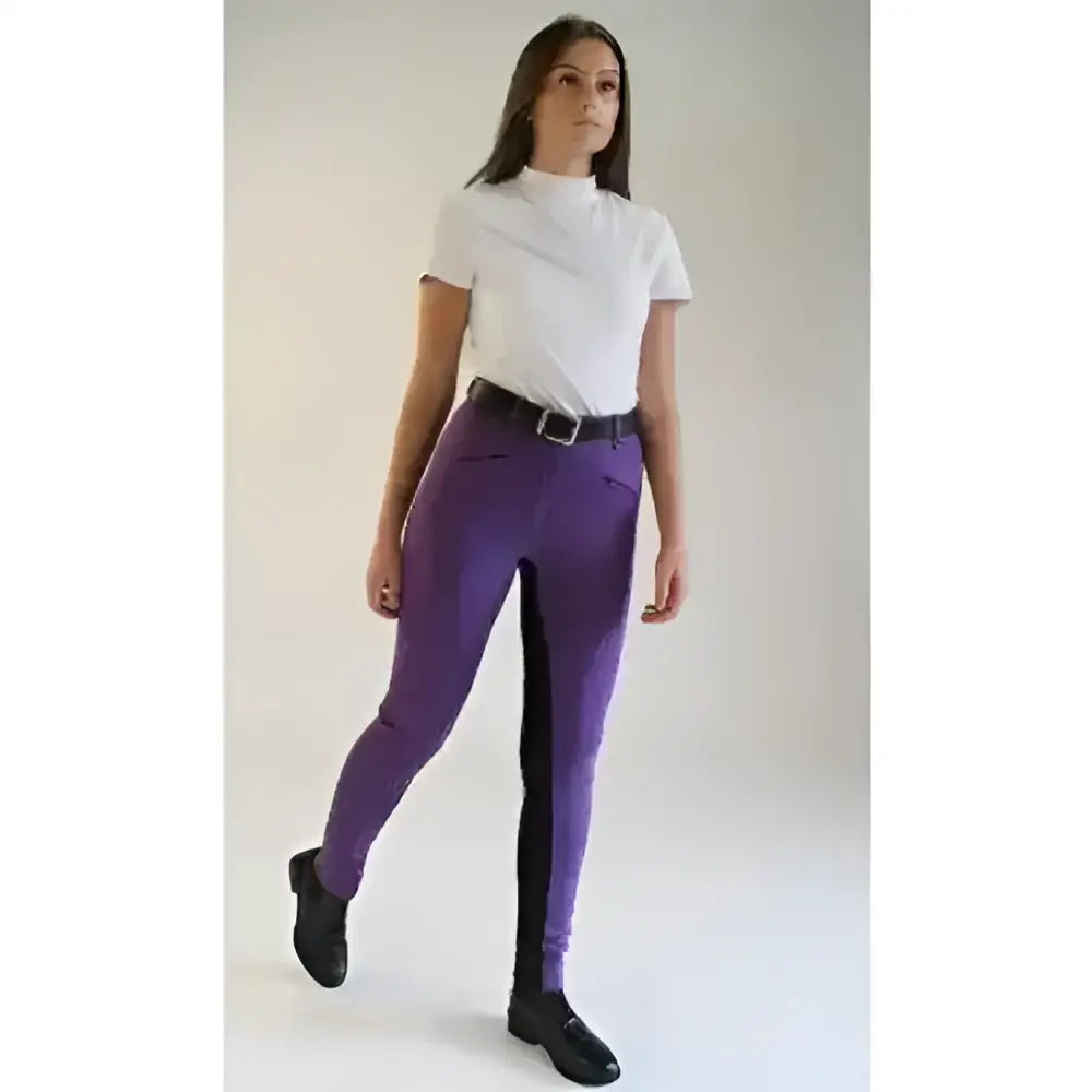 Purple gallop ladies two tone jodhpurs with black side panels and eye catching contrast in a fitted design
