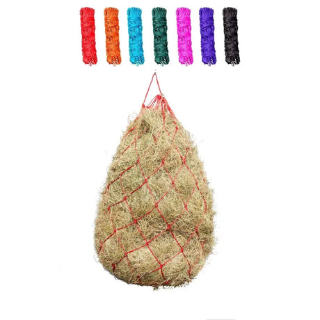 Red woven gallop large haynet with sturdy mesh and length tie string filled with golden brown straw