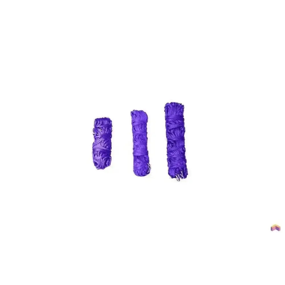 Three purple sage smudge sticks with twine features shown alongside a gallop large haynet length tie string detail