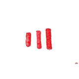 Three red textured rolled-up gallop large haynet with intricate patterns and length tie string for feeding hay