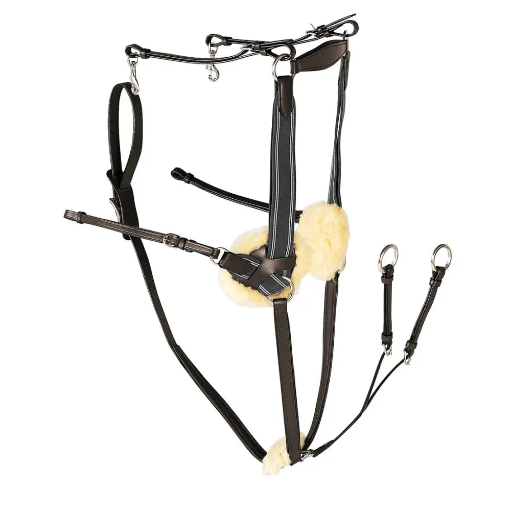 Black leather gallop leather quality breastplate with cream fleece padding and silver martingale attachment hardware