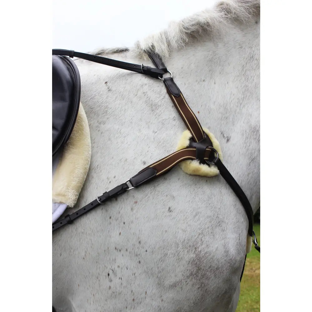 Brown leather gallop leather 5 point breastplate with soft fleece lining and martingale attachment for quality control