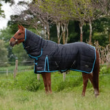 Black quilted gallop maverick 300g stable rug with teal trim and atroian branding heavyweight stable rugs combo