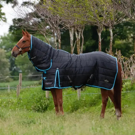 Black quilted gallop maverick 300g stable rug with teal trim and atroian branding heavyweight stable rugs combo