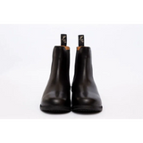 Pair of black leather Chelsea boots featuring elastic side panels for elegance leather paddock