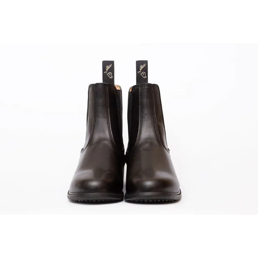 Dark brown leather Chelsea boots with elastic panels, featuring elegance leather paddock style