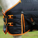 Black and orange quilted gallop ponie 100g stable rug with soft breathable lining and ponie branding