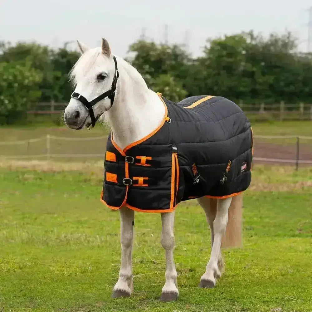 Black and orange gallop ponie 100g stable rug with quilted design reflective stripes and soft breathable lining