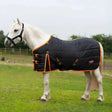 Black quilted gallop ponie 100g stable rug with orange trim, adjustable straps, and soft breathable lining